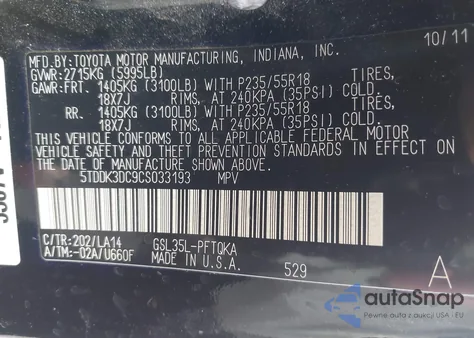 2012 Toyota Sienna Limited 7 Passenger z USA, uszkodzony, nr VIN 5TDDK3DC9CS033193